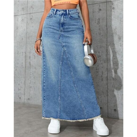 Women's High Waisted Maxi A line Denim Skirt Blue - Picture 5 of 6